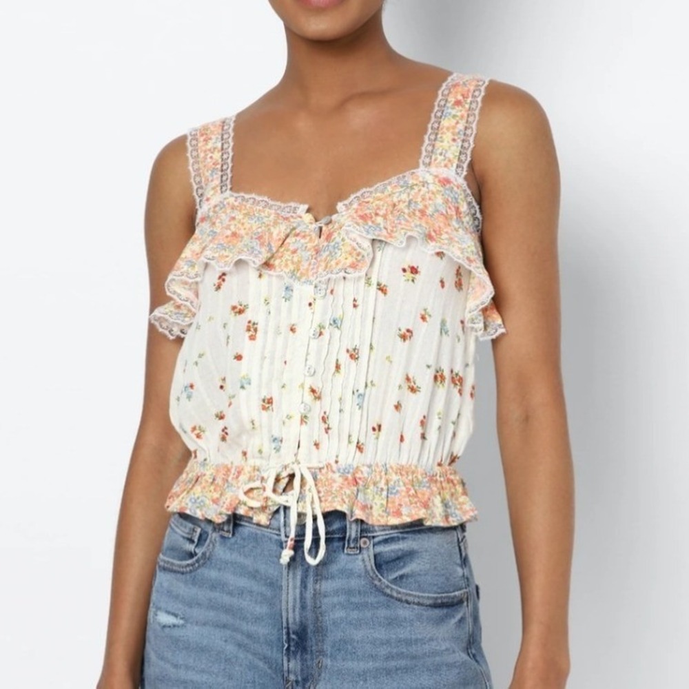 American Eagle Floral Lace Trim Cinch Camisole Top Womens L Cottagecore Romantic